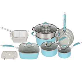 Blue and Dove Grey Induction 14 Pcs Kitchen Non Stick Cookware Set Frying Pan Steamer Pot Saucepan