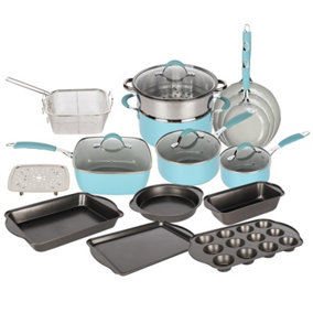 Blue and Dove Grey Induction 19 Pcs Kitchen Cookware Set Non Stick Frying Pan Pot Saucepan Bakeware
