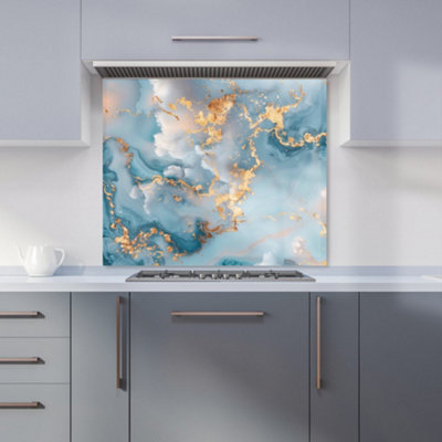 Blue And Gold Marble Effect Premium Glass Kitchen Splashback W600mm x H750mm