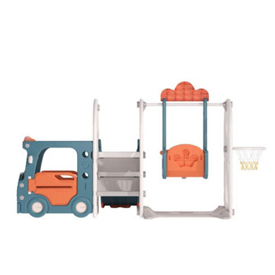 Blue and Orange Bus Cartoon 3 in 1 Slide and Swing Set Play Set with Basketball Hoop W 2160 x D 1710  x H 1150 mm