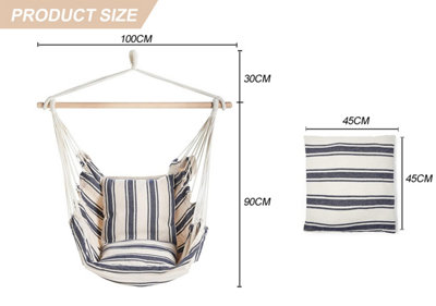 Blue And White Stripe Hammock Hanging Rope Chair Swing Seat With Pillows Cushion - 3