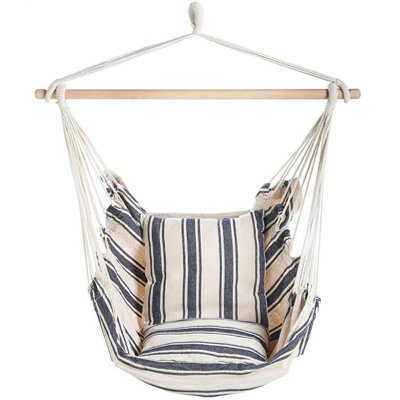 Blue And White Stripe Hammock Hanging Rope Chair Swing Seat With Pillows Cushion - 4