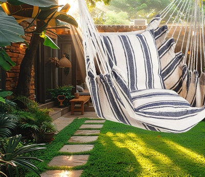 Blue And White Stripe Hammock Hanging Rope Chair Swing Seat With Pillows Cushion - 5