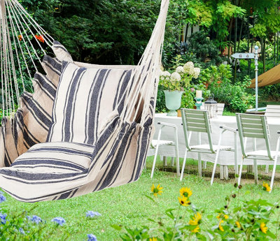 Blue And White Stripe Hammock Hanging Rope Chair Swing Seat With Pillows Cushion - 7
