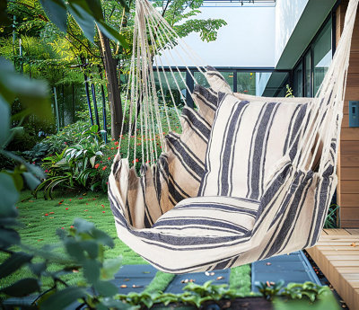 Blue And White Stripe Hammock Hanging Rope Chair Swing Seat With Pillows Cushion - 8