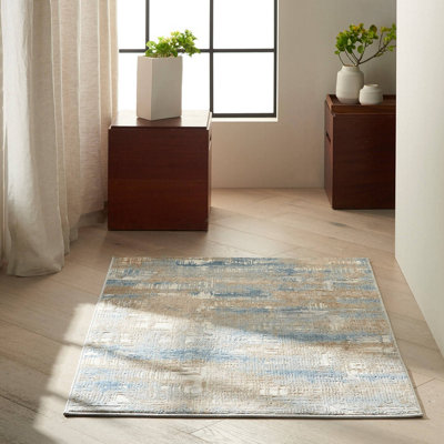 Blue Beige Abstract Modern Easy to Clean Rug for Living Room Bedroom and Dining Room-244cm X 305cm