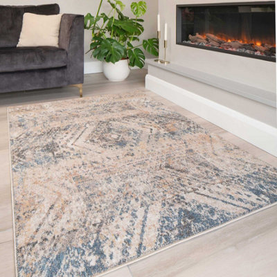 Blue Beige Distressed Diamond Soft Living Area Rug 200x290cm