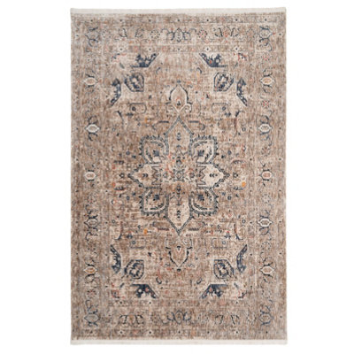 Blue Beige Regal Floral Medallion Soft Fringed Rug 120x170cm