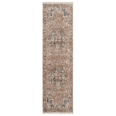 Blue Beige Regal Floral Medallion Soft Fringed Runner Rug 60x240cm