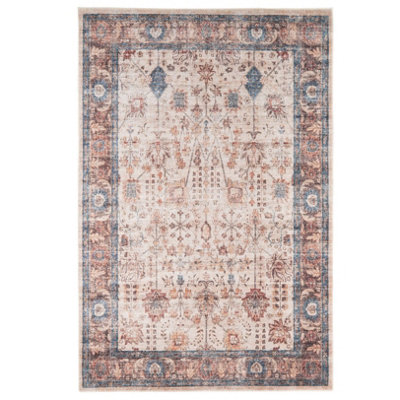 Blue Beige Traditional Bordered Anti Slip Washable Rug 200x290cm