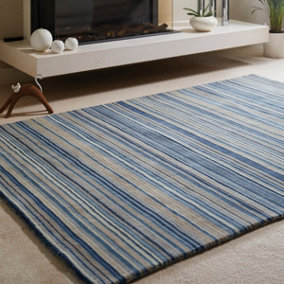 Blue Beige Wool Handmade Modern Striped Rug for Living Room and Bedroom-120cm X 170cm