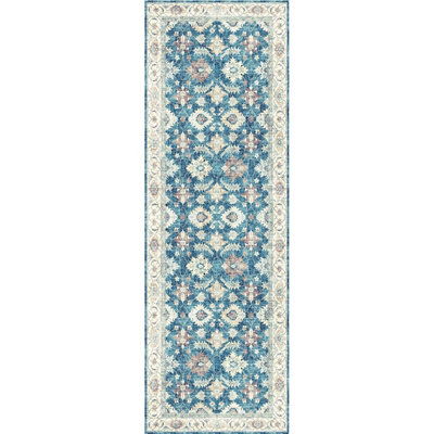 Blue Bordered Floral Rug For Bedroom, & Living Room, 7mm Thick Stain ...