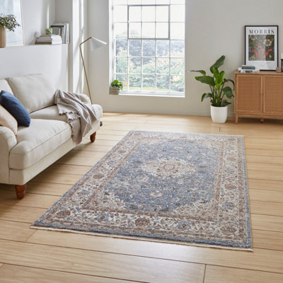 Blue Brown Terracotta Traditional Abstract Bordered 10mm Pile Rug For Bedroom, Living Room, & Dining Room-160cm X 230cm