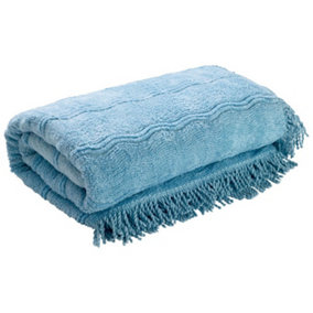 Blue Candlewick Bedspread - Soft & Lightweight 100% Cotton Bedding with Wave Design & Fringed Edges - Size Double, 200 x 200cm