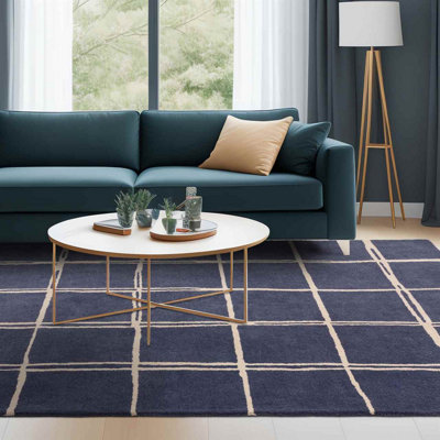 Blue Chequered Wool Modern Shaggy Handmade Rug For Living Room Bedroom & Dining Room-160cm X 230cm