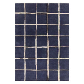 Blue Chequered Wool Modern Shaggy Handmade Rug For Living Room Bedroom & Dining Room-200cm X 290 cm