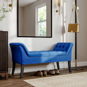 Blue Contemporary Velvet Buttoned Bench with Black Wood Legs