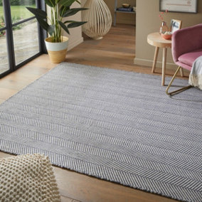 Blue Cotton Wool Easy to Clean Striped Modern Rug for Living Room, Bedroom - 152cm X 226cm
