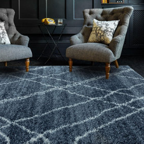 Blue Cream Geometric Luxurious Modern Shaggy Jute Backing Rug for Living Room Bedroom and Dining Room-120cm X 170cm