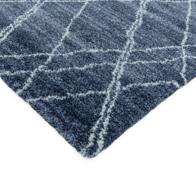 Blue Cream Geometric Luxurious Modern Shaggy Jute Backing Rug for ...