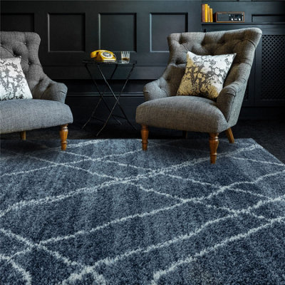 Blue Cream Geometric Luxurious Modern Shaggy Jute Backing Rug for Living Room Bedroom and Dining Room-160cm X 230cm