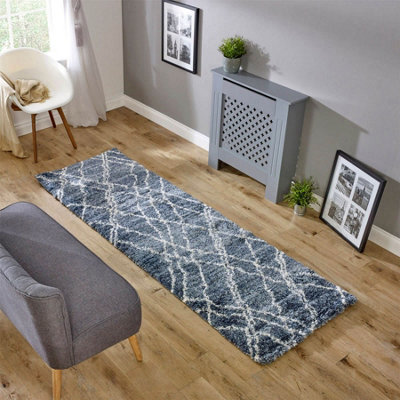 Blue Cream Geometric Luxurious Modern Shaggy Jute Backing Rug for Living Room Bedroom and Dining Room-80 X 240cm (Runner)