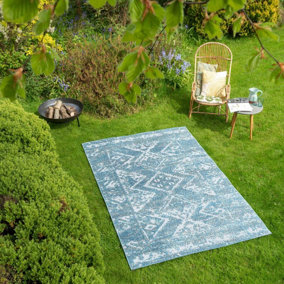 Blue Diamond Patterned All-Weather Indoor Outdoor Textured Flatweave Rug 120x170cm