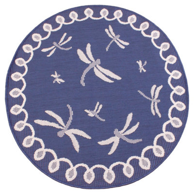 Blue Dragonfly Garden Patio Rug - Weatherproof, Mould & Mildew Resistant Indoor Outdoor Mat - Round 160cm Diameter