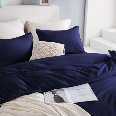 Blue Duvet Cover Set Plain Reversible 4PC Duvets Quilts Covers Fitted Sheet & Pillowcases