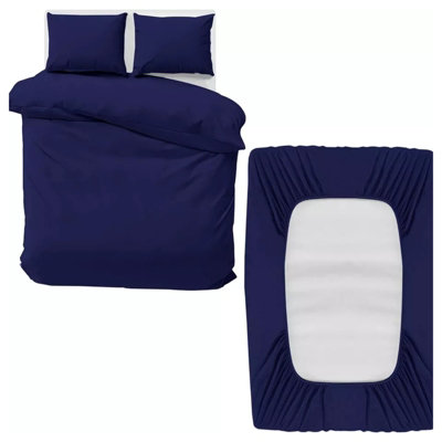 Blue Duvet Cover Set Plain Reversible 4PC Duvets Quilts Covers Fitted Sheet & Pillowcases