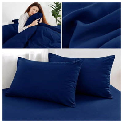 Blue Duvet Cover Set Plain Reversible 4PC Duvets Quilts Covers Fitted Sheet & Pillowcases