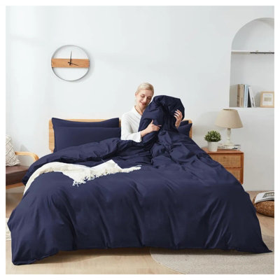 Blue Duvet Cover Set Plain Reversible 4PC Duvets Quilts Covers Fitted Sheet & Pillowcases