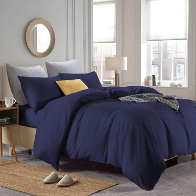 Blue Duvet Cover Set Plain Reversible 4PC Duvets Quilts Covers Fitted Sheet & Pillowcases