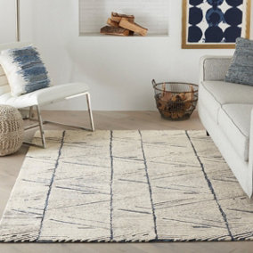 Blue Easy to Clean Abstract Geometrical Handmade Modern Wool Rug for Living Room, Bedroom - 114cm X 175cm
