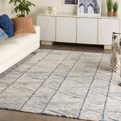 Blue Easy to Clean Abstract Geometrical Handmade Modern Wool Rug for Living Room, Bedroom - 236cm X 297cm