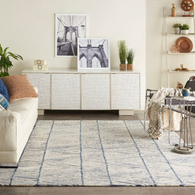 Blue Easy to Clean Abstract Geometrical Handmade Modern Wool Rug for Living Room, Bedroom - 236cm X 297cm