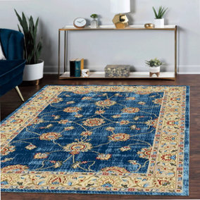 Blue Easy to Clean Bordered Floral Traditional Rug for Living Room, Bedroom, Dining Room - 160cm X 225cm