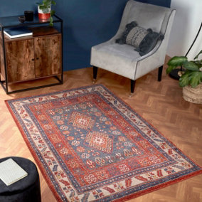 Blue Easy to Clean Bordered Geometrical Traditional Persian Rug for Living Room, Bedroom, Dining Room - 120cm X 170cm