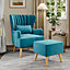 Blue Faux Wool Upholstered Wing Back Occasional Armchair Sofa Chair with Footstool and Lumbar Pillow