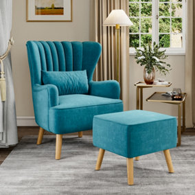 Blue Faux Wool Upholstered Wing Back Occasional Armchair Sofa Chair with Footstool and Lumbar Pillow