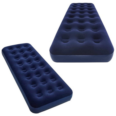 Blue Flocked Inflated Single Air Mattress Ideal For Camping, Festivals & Sleepovers