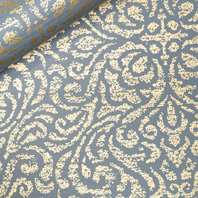 Blue Floral Damask Wallpaper Gold Metallic Shimmer Effect Feature Wall