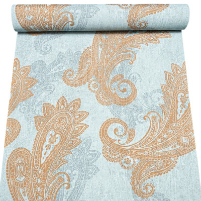 Blue Floral Damask Wallpaper Textured Bronze Metallic Shimmer Thick Vinyl Paste The Wall Feature