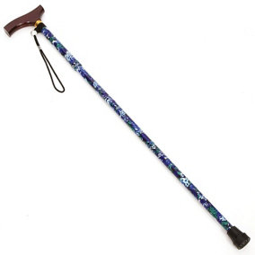 Blue Floral Extendable Walking Cane - Strong & Lightweight Foldable Aluminium Stick with Wooden Handle & Wrist Strap - H81-91cm