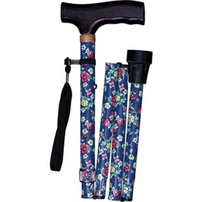 Blue Floral Folding Walking Cane - Height Adjustable Mobility & Balance Aid with Ergonomic Wooden Handle & Safety Wrist Strap