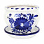 Blue Floral Hand Painted Outdoor Garden Bola Pot & Drainage Plate (D) 25cm