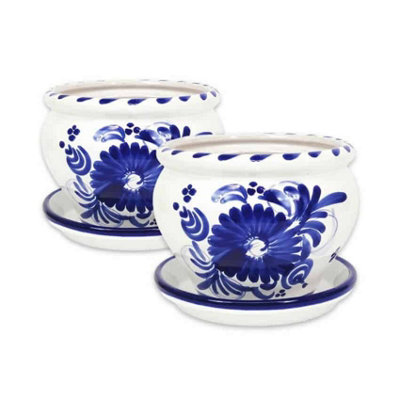 Blue Floral Hand Painted Set of 2 Outdoor Bola Pots & Drainage Plates (D) 25cm