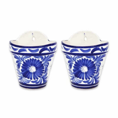 Blue Floral Hand Painted Set of 2 Outdoor Garden Hanging Plant Pots (D) 22cm