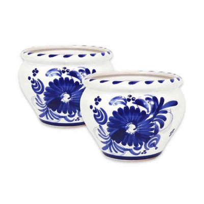 Blue Floral Hand Painted Set of 2 Outdoor Garden Patio Bola Plant Pots (D) 25cm