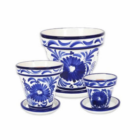 Blue Floral Hand Painted Set of 3 Classic Pots & Drainage Plates (D) 16-29cm